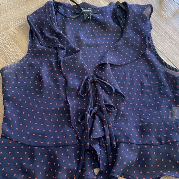 Forever 21 Sheer Peplum Navy and Orange Polkadot Crop Top Size Small - Picture 8 of 12